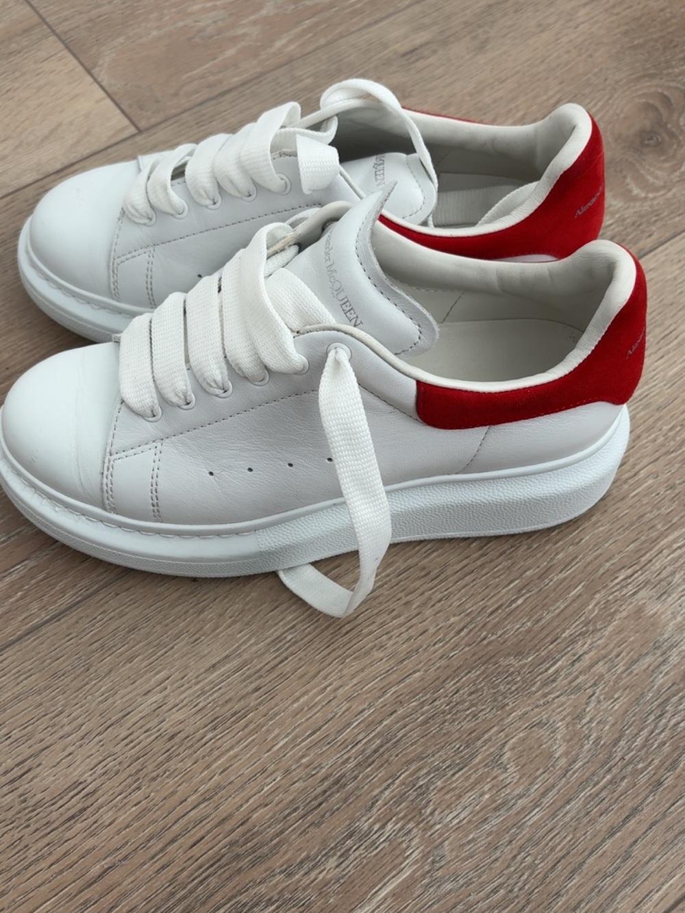 Kids White Leather Sneakers with Red Heel Accent